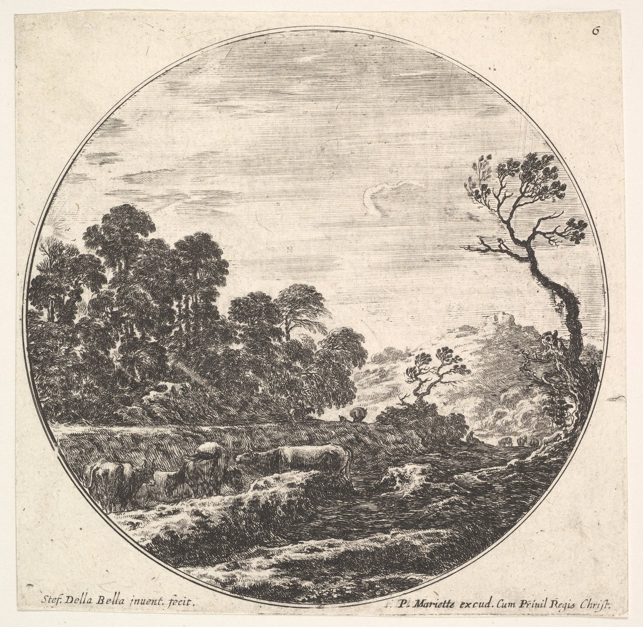 Kühe überqueren ein Tal nach links, eine Gruppe von Bäumen links, ein Reiter und o..., ca. 1643-48 von Stefano della Bella