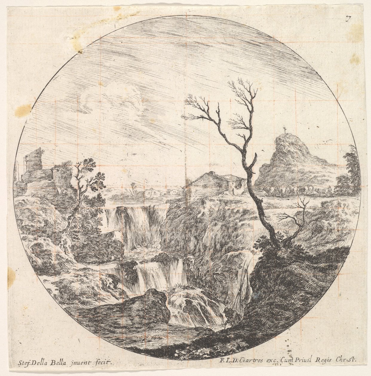 Tafel 7: ein dreifacher Wasserfall, ein toter Baum rechts, ein Berg und eine Herde Kühe, ca. 1643-48 von Stefano della Bella