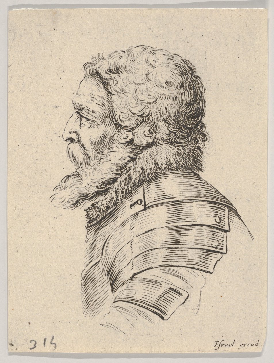 Tafel 7: Büste eines bärtigen Soldaten in Rüstung, nach links im Profil, aus Verschiedene Köpfe, 1650 von Stefano della Bella