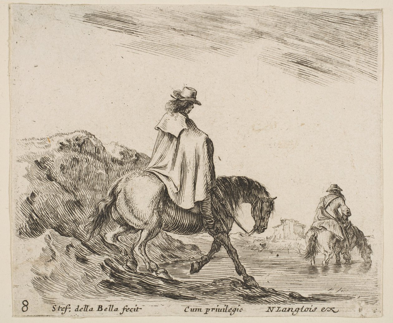 Platte 8: Ein Reiter steigt einen Flussufer hinab, ein anderer Reiter im Fluss rechts, aus ..., ca. 1644-47 von Stefano della Bella