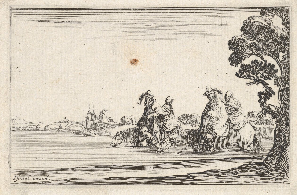 Tafel 8: zwei Reiter mit Hüten rechts, jeder mit einer Frau hinter sich, reitend von Stefano della Bella