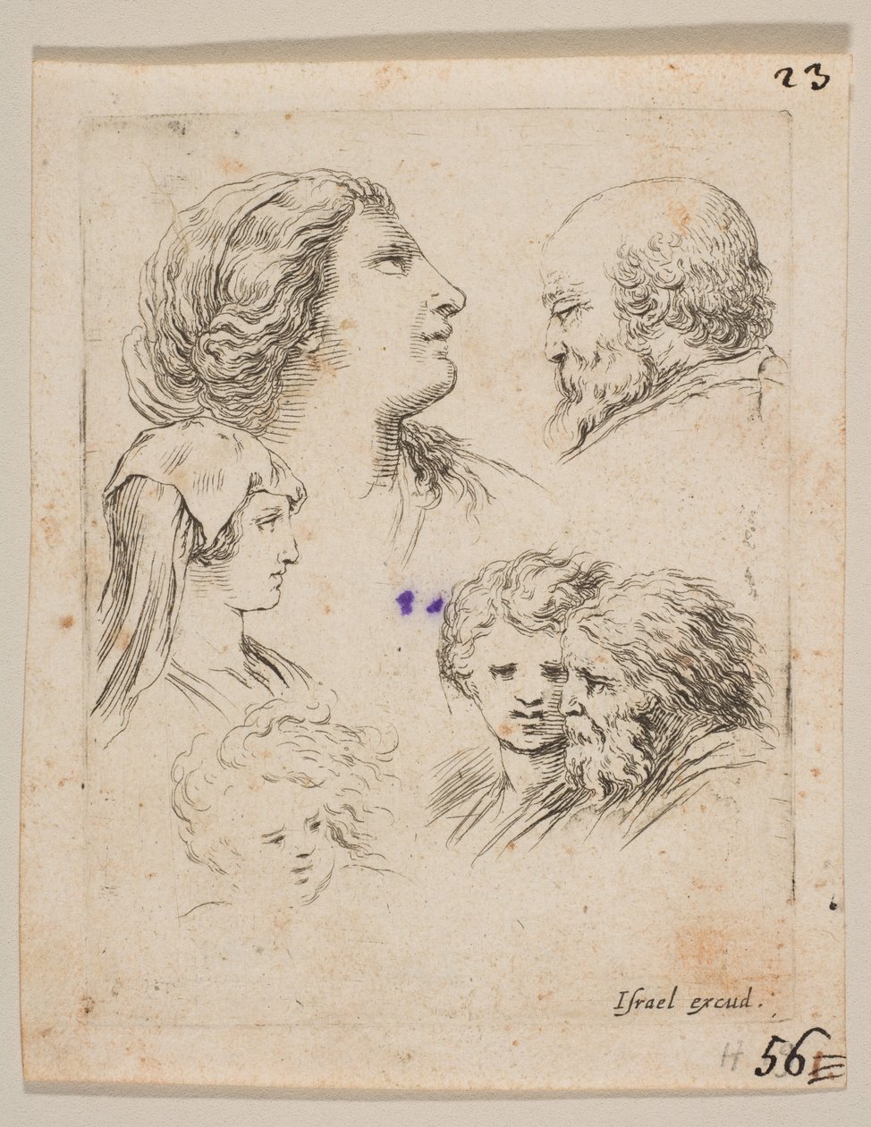 Tafel 9: fünf Köpfe, zwei junge Frauen links, ein bärtiger Mann oben rechts, eine junge Frau..., ca. 1649 von Stefano della Bella