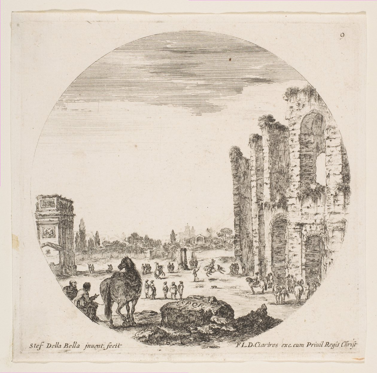 Tafel 9: der Konstantinsbogen links, ein Teil des Kolosseums rechts, verschiedene Pferde..., ca. 1646 von Stefano della Bella