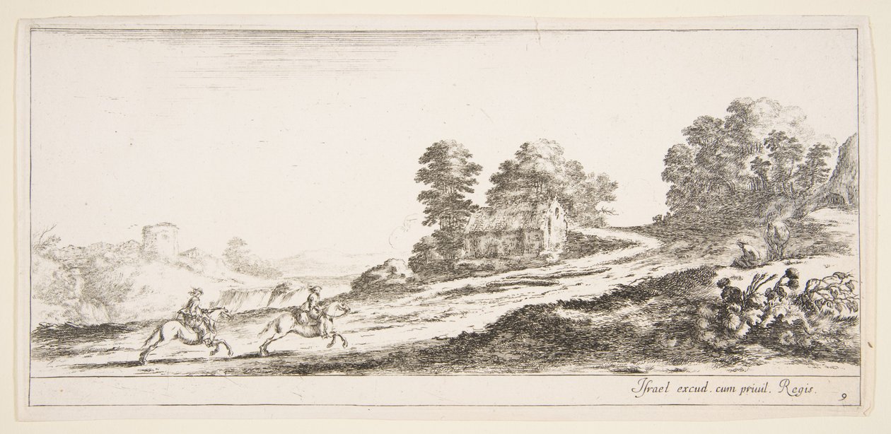 Zwei Reiter galoppieren nach rechts, ein Pferd und ein sitzender Mann, ca. 1641 von Stefano della Bella