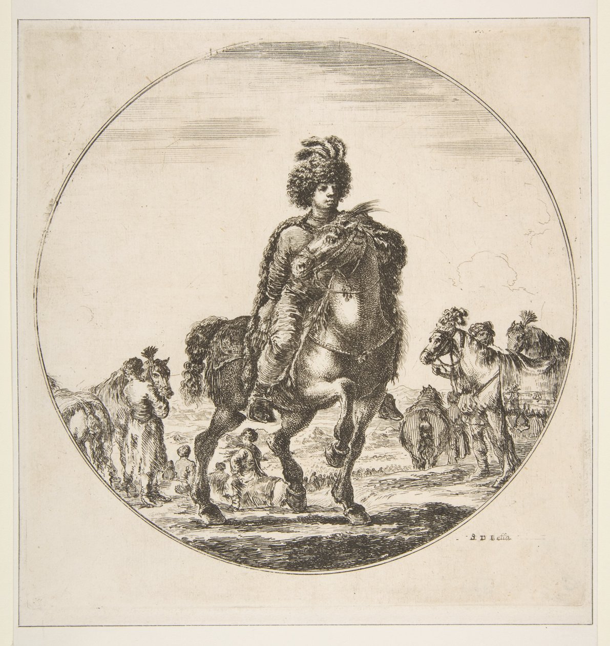 Polnischer Reiter nach rechts, eine kreisförmige Komposition, aus Figuren zu Pferd, ca. 1651 von Stefano della Bella