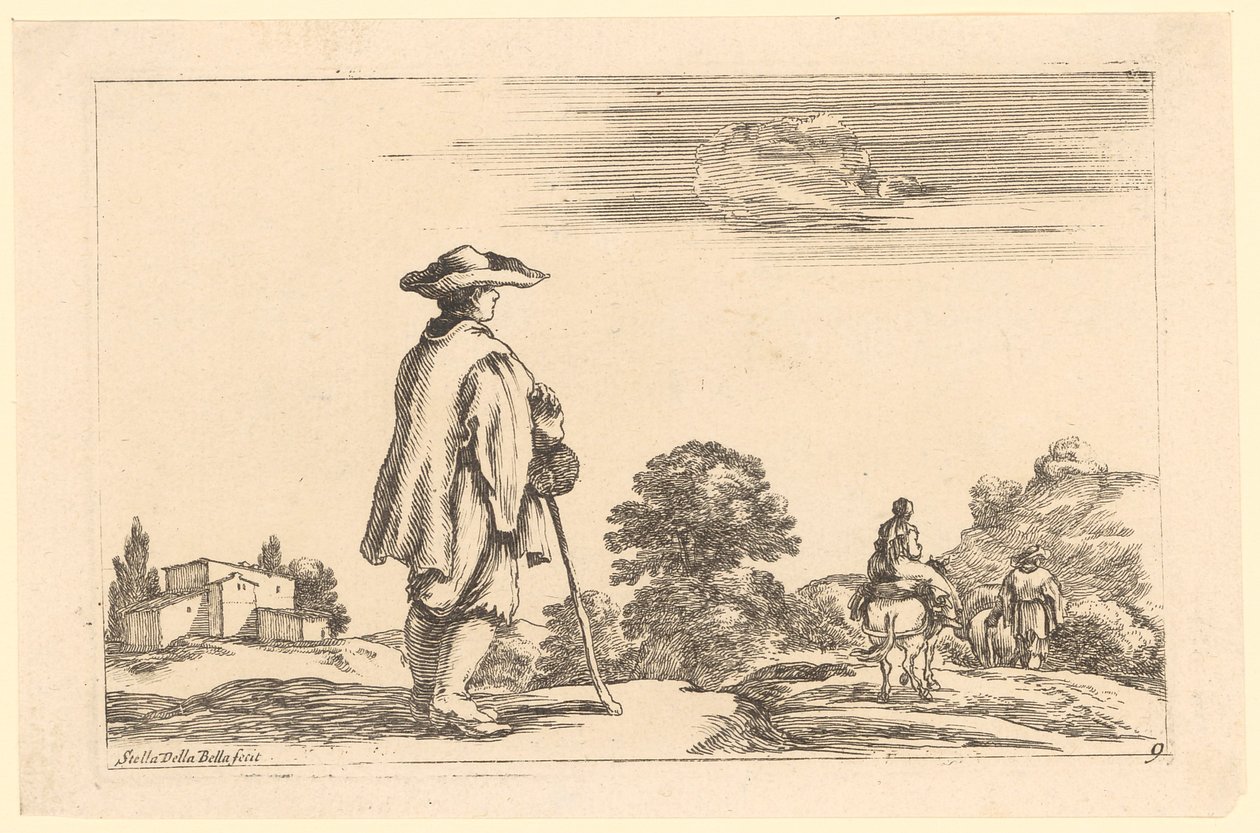 Reisender in seitlicher Rückenansicht bei einer Farm, vor ihm rechts eine reitende Frau und ein Mann mit Pferd von Stefano della Bella
