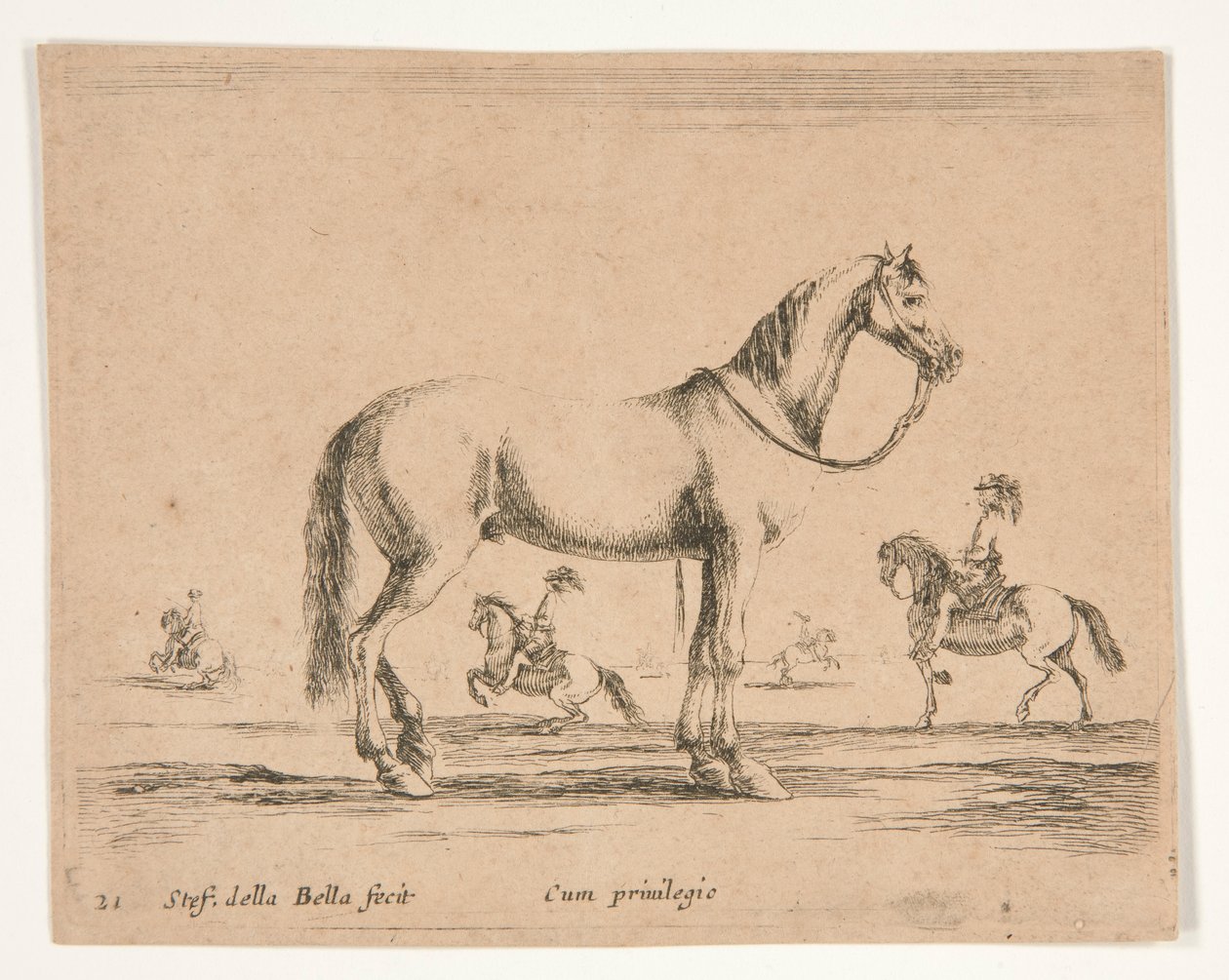 Reiterloses Pferd, mit Reitern im Hintergrund von Stefano della Bella