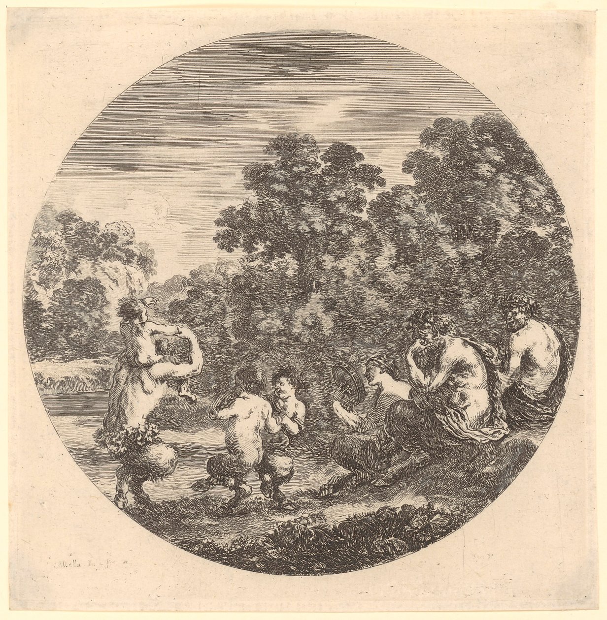 Satyrfamilie am Musizieren und Tanzen, Blatt 6 der Folge "Sechs Tiermotive in runder Darstellung" von Stefano della Bella