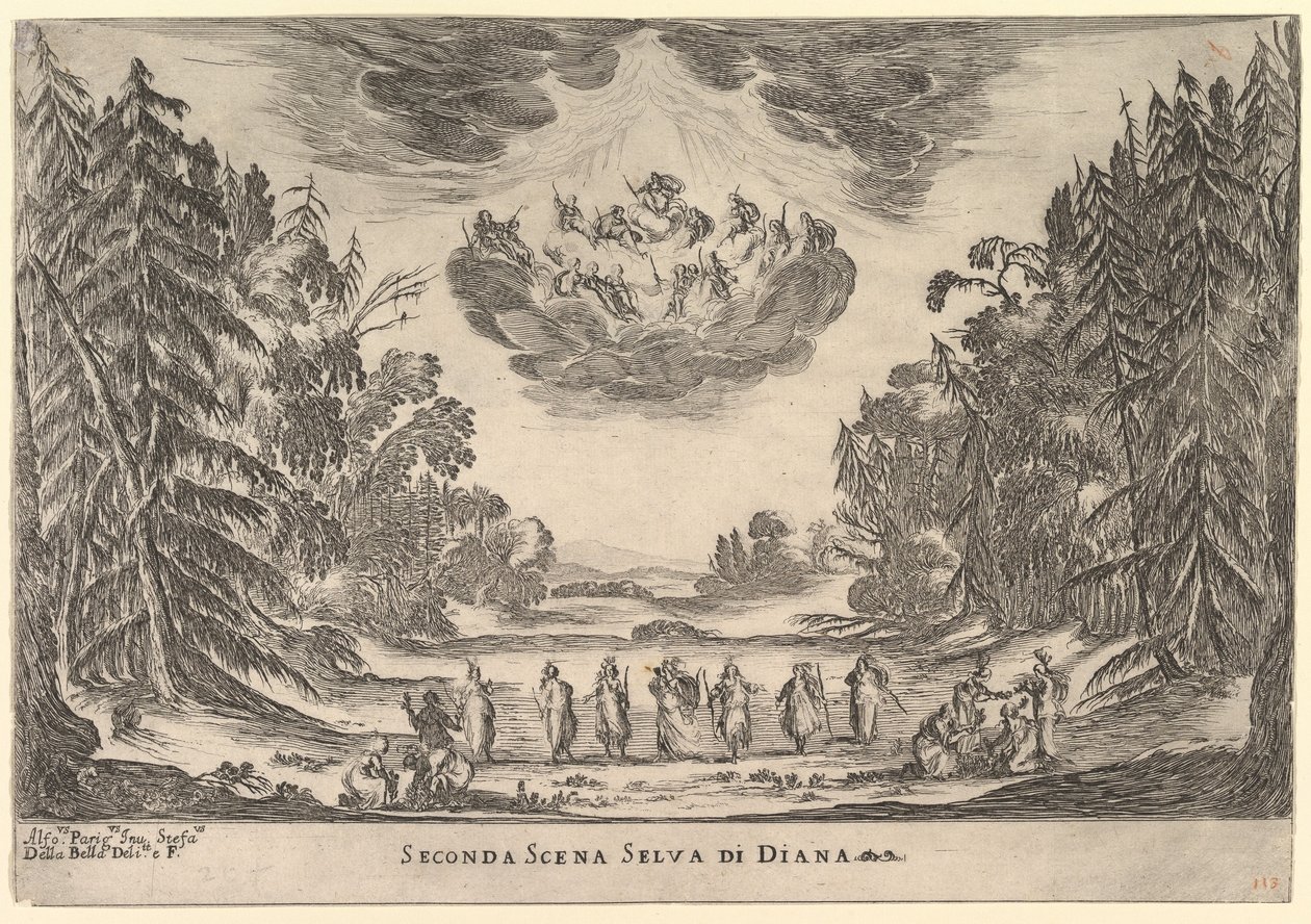 Zweite Szene im Wald der Diana, aus Die Hochzeit der Götter Le nozze degli Dei, 1637 von Stefano della Bella