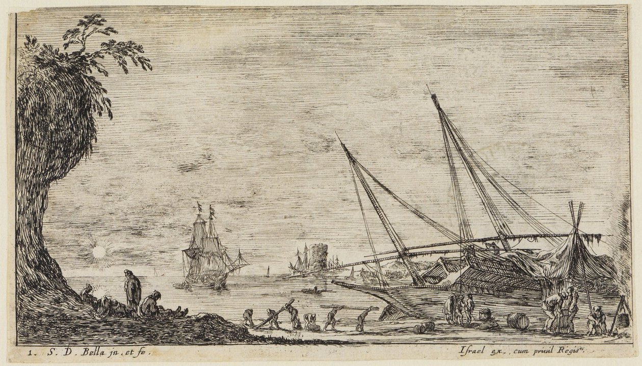 Seehafen mit Seeleuten und Arbeitern, die Holzstämme befördern von Stefano della Bella