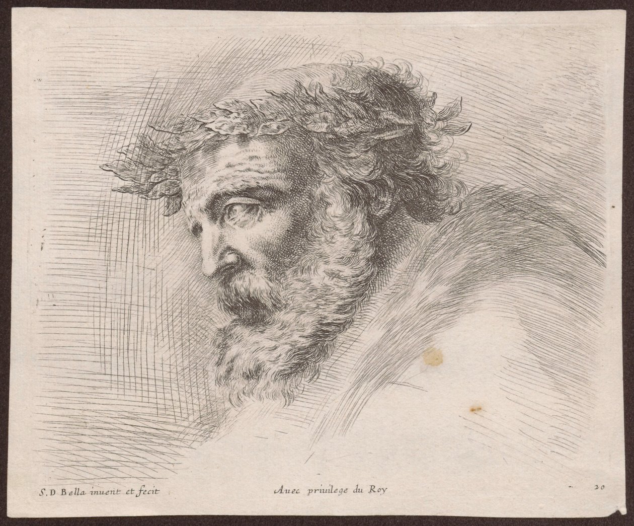 Studie eines bärtigen alten Mannes im Lorbeerkranz, im Profil nach links, aus dem Zyklus "Principii del disegno" von Stefano della Bella