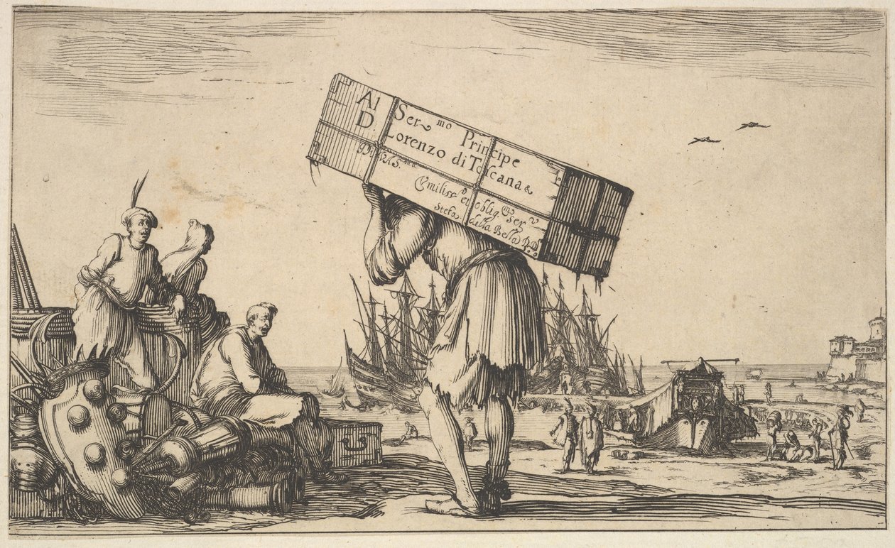 Titelseite: ein Mann trägt einen Koffer auf dem Rücken in der Mitte, drei Männer schauen zu ihm, 1639 von Stefano della Bella