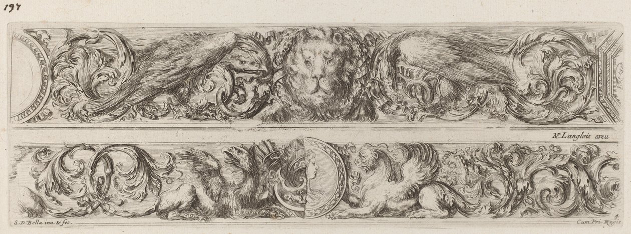 Zwei Zierbänder mit Löwen- und Frauenkopf, wahrscheinlich 1648 von Stefano della Bella