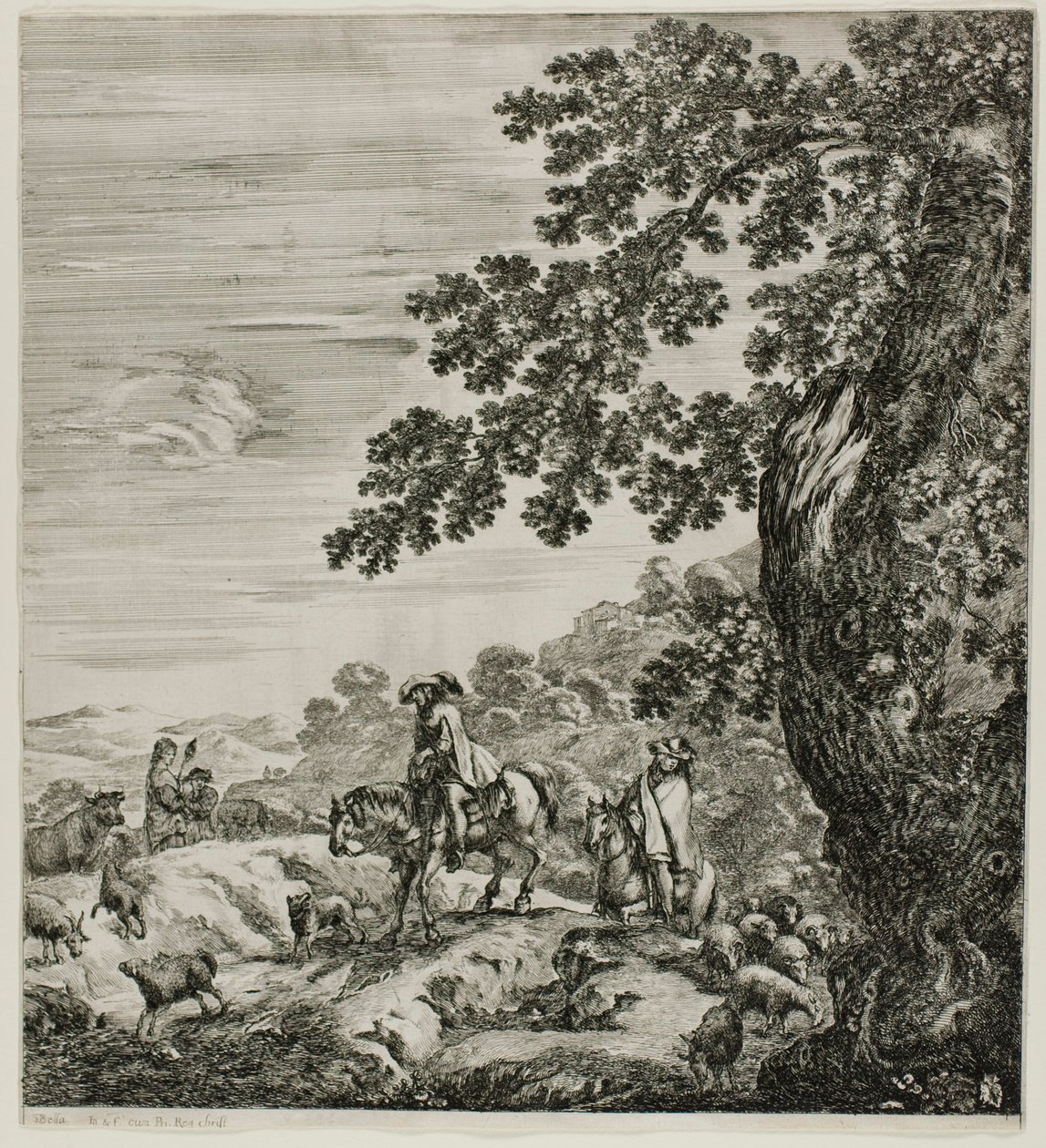 Zwei Reiter passieren eine Herde, Platte fünf aus Die sechs großen Ansichten von Rom und der Campagna von Stefano della Bella