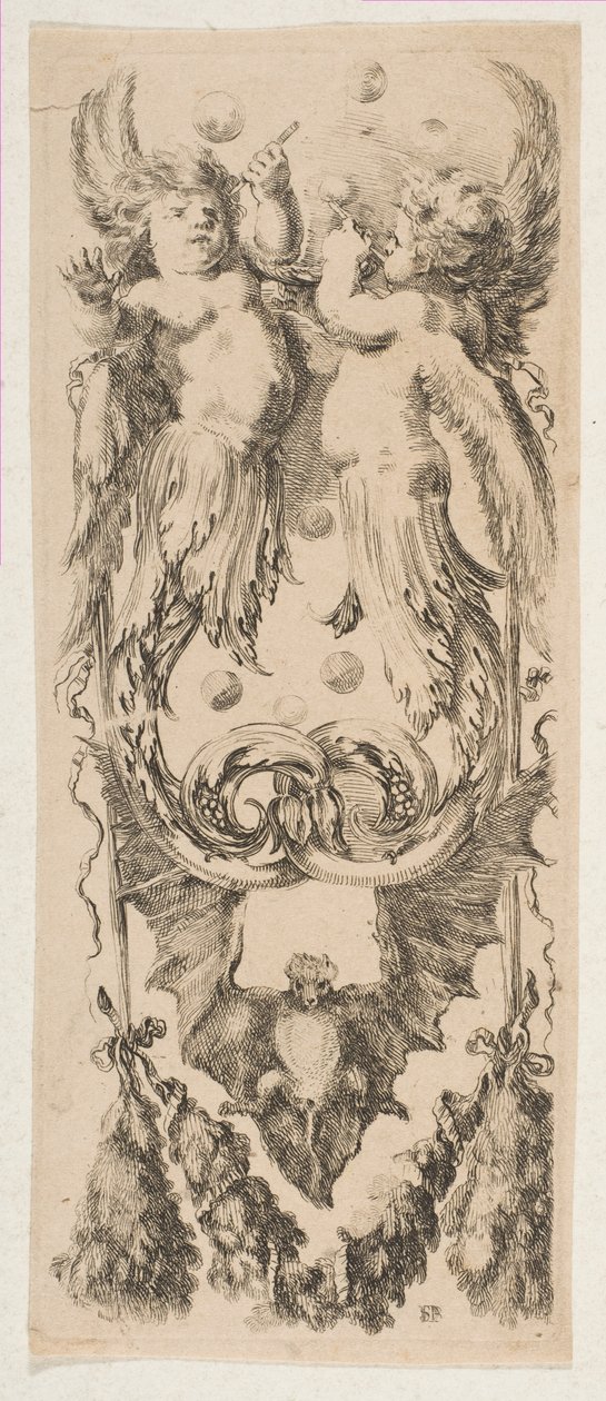 Zwei geflügelte Kinder, deren Körper sich in Ornament verwandeln und Seifenblasen blasen, ca. 1653 von Stefano della Bella