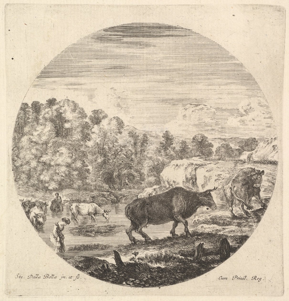 Zwei Kühe in der Mitte, gefolgt von zwei Bäuerinnen und anderen Kühen im Fluss, ca. 1643-48 von Stefano della Bella