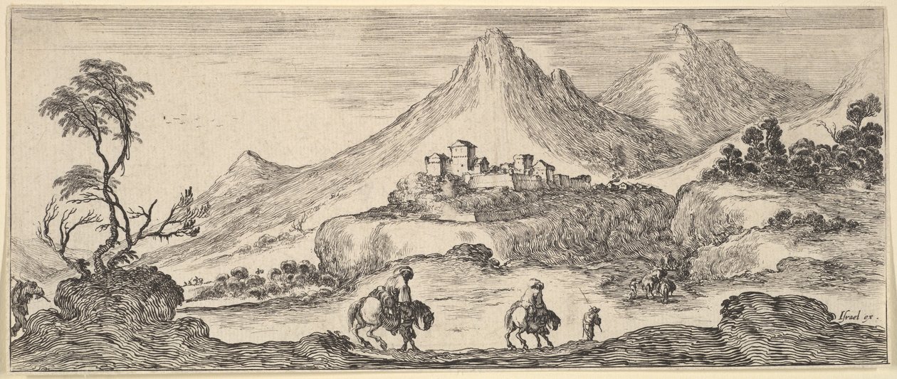Zwei Reiter steigen in der Mitte einen Hügel hinab, einem anderen Mann zu Fuß folgend, eine Burg im Hintergrund, ca. 1641 von Stefano della Bella