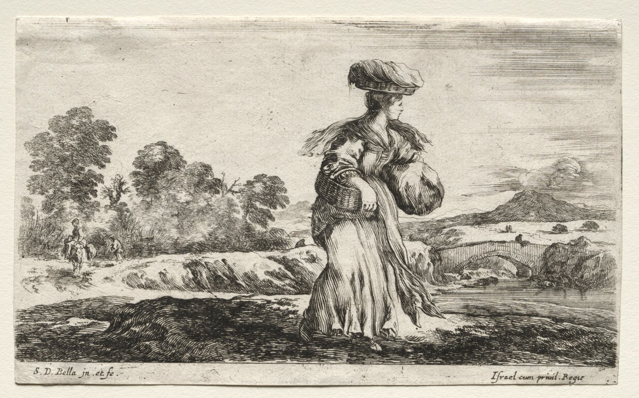 Verschiedene Figuren und Landschaften: Bäuerin mit einem Korb auf dem Kopf von Stefano della Bella