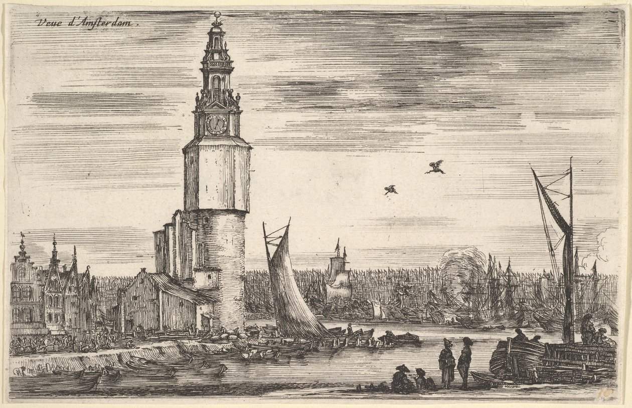 Ansicht von Amsterdam, ein Turm und Häuser links, Männer stehen auf dem Pier, 1647 von Stefano della Bella