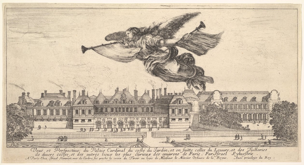 Ansicht des Palais Cardinal, die Figur des Ruhms oben in der Mitte fliegt nach links..., 1649-51 von Stefano della Bella