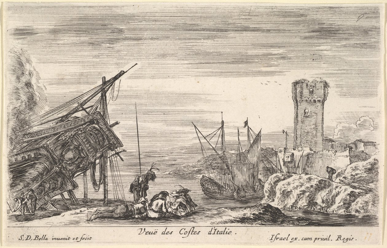 Blick auf die Küste Italiens, der Bug eines Schiffes ruht links von Stefano della Bella