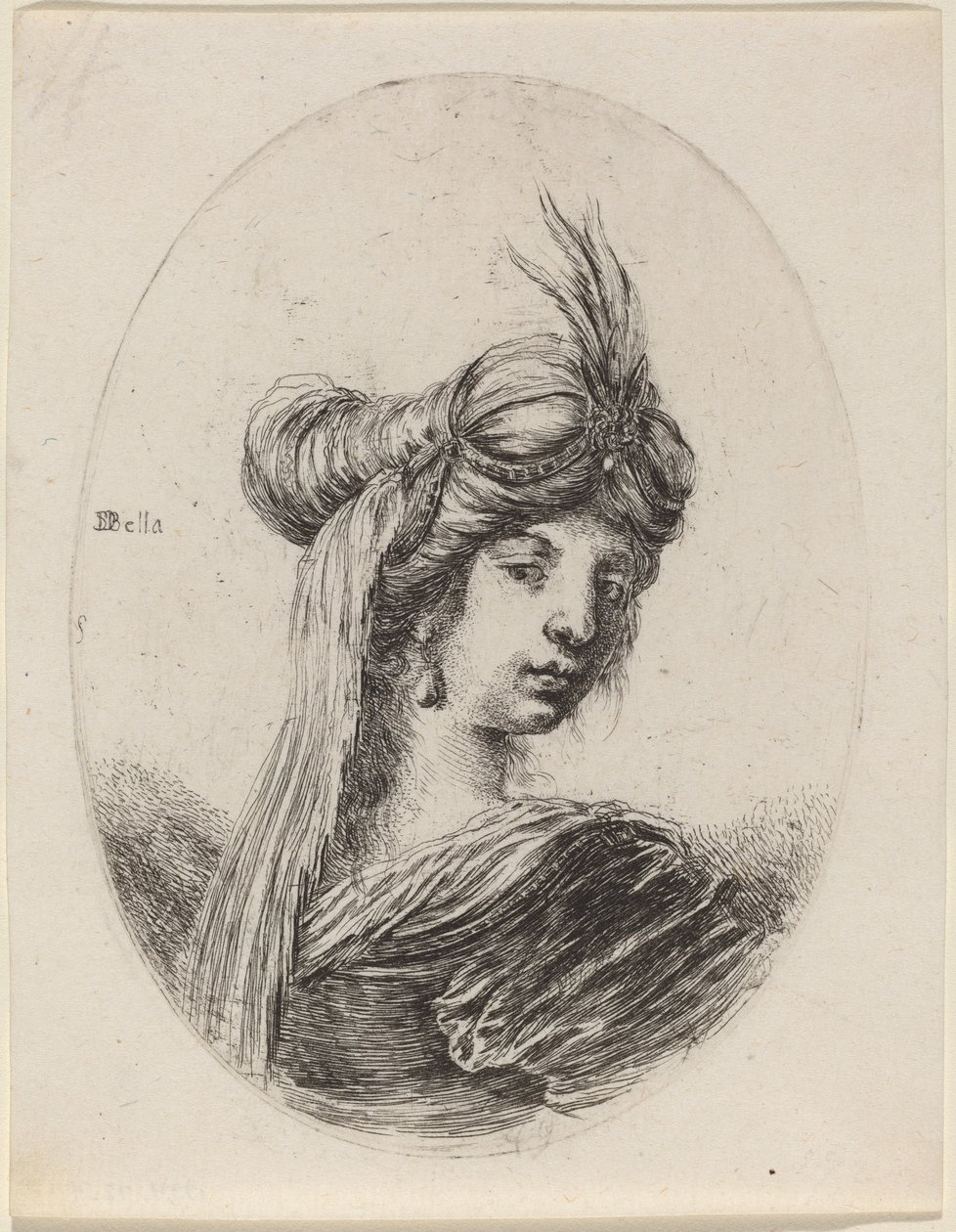 Frau mit gefiedertem Turban und Schleier, nach rechts gewandt von Stefano della Bella