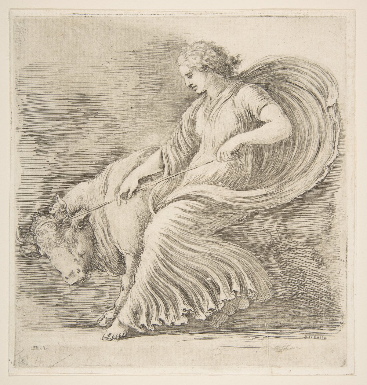 Junge Frau versucht, einen Stier zu stoppen, ca. 1660 von Stefano della Bella