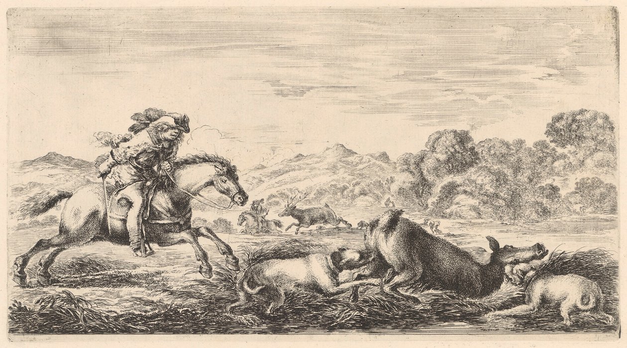 Zwei Hunde bringen eine Hirschkuh zu Boden von Stefano della Bella