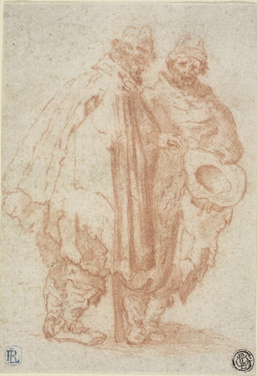 Zwei bärtige Männer in zerlumpten Mänteln von Style of Jacques Callot