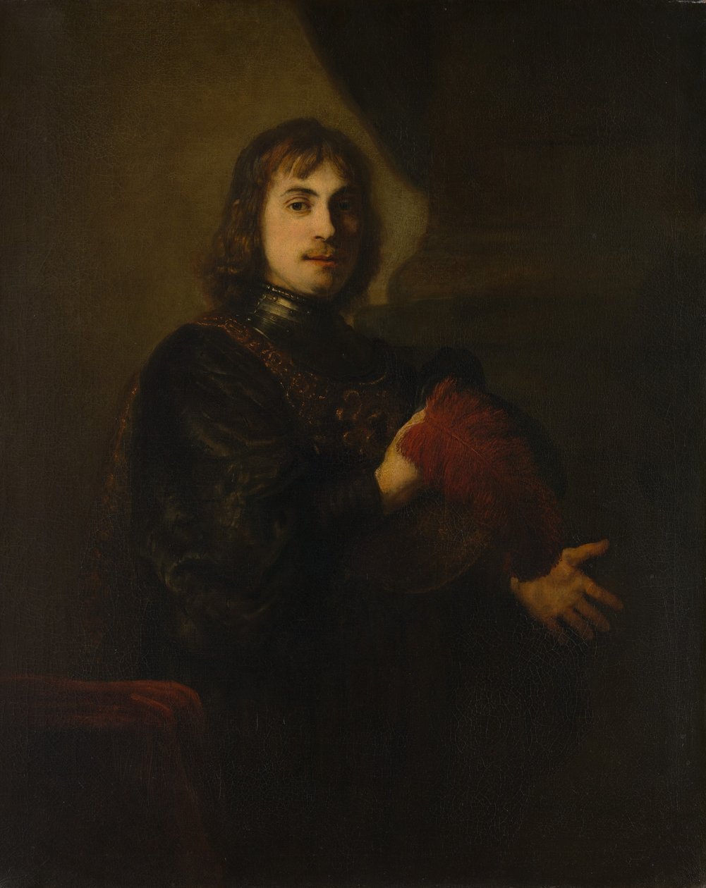 Porträt eines Mannes mit Brustpanzer und Federhut von Style of Rembrandt