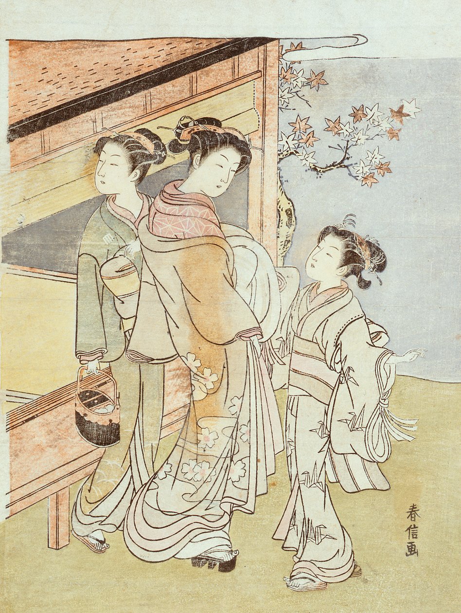 Eine Dame und ihre Begleiterin treffen einen Boten von Suzuki Harunobu