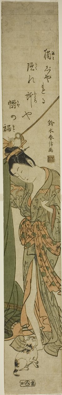 Schönheit, die auf eine Katze herabblickt, während sie ein Moskitonetz befestigt von Suzuki Harunobu