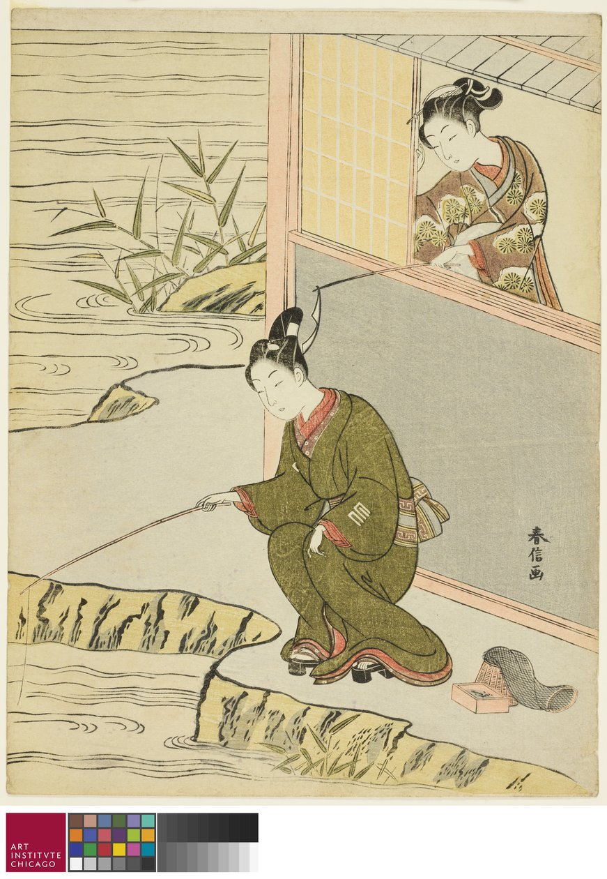 Schöne neckt einen jungen Mann beim Angeln, ca. 1768 von Suzuki Harunobu