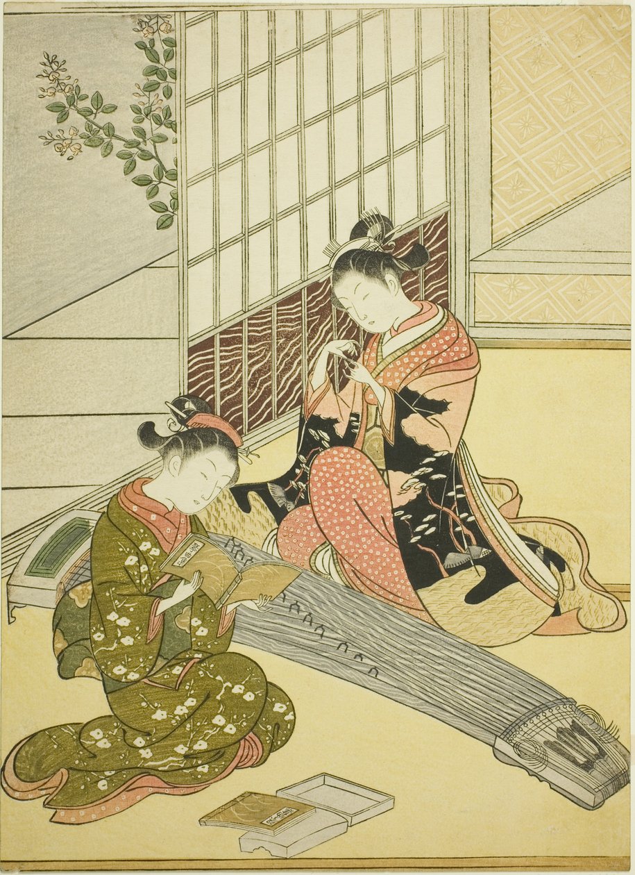 Absteigende Gänse der Koto-Brücken (Kotoji no rakugan), aus der Serie „Acht Ansichten des Salons (Zashiki hakkei)“ von Suzuki Harunobu