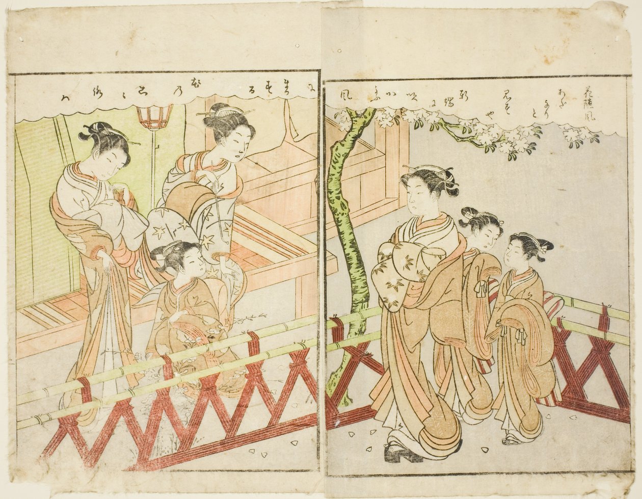 Doppelseitige Illustration aus Bd. 2 von "Bilderbuch der Frühlingsbrokate (Ehon haru no nishiki)" von Suzuki Harunobu