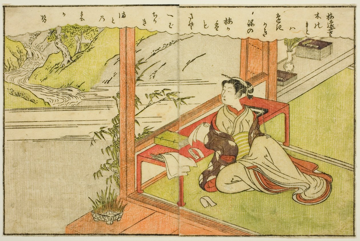 Doppelseitige Illustration aus Bd. 2 von "Bilderbuch der Frühlingsbrokate (Ehon haru no nishiki)" von Suzuki Harunobu
