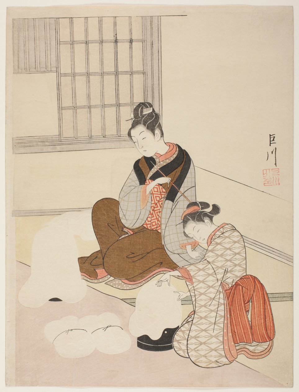 Abendschnee auf einem Flossformer (Nurioke no bosetsu), aus der Serie "Acht Ansichten des Salons (Zashiki hakkei)" von Suzuki Harunobu