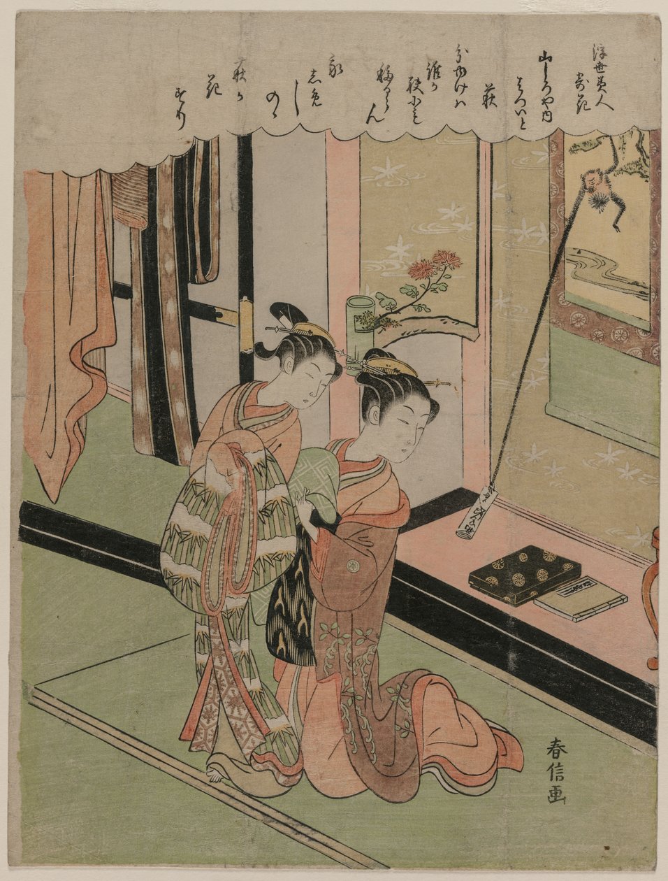 Hatsuito vom Yamashiroya verglichen mit Buschkleeblättern aus der Serie Schönheiten der schwebenden Welt im Vergleich zu Blumen von Suzuki Harunobu