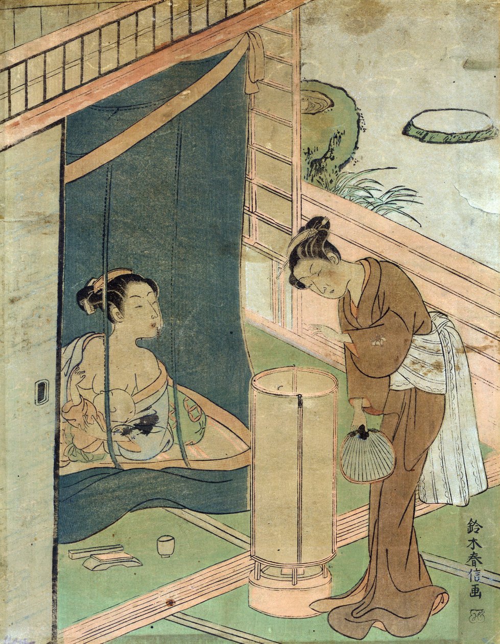Mutter und Kind hinter einem Moskitonetz von Harunobu Suzuki, einem japanischen Designer von Holzschnittkünstlern im Ukiyo-e-Stil von Suzuki Harunobu