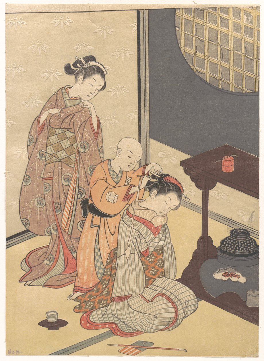 Nachtregen am Doppelregal, aus der Serie Acht Salonansichten (Zashiki hakkei) von Suzuki Harunobu