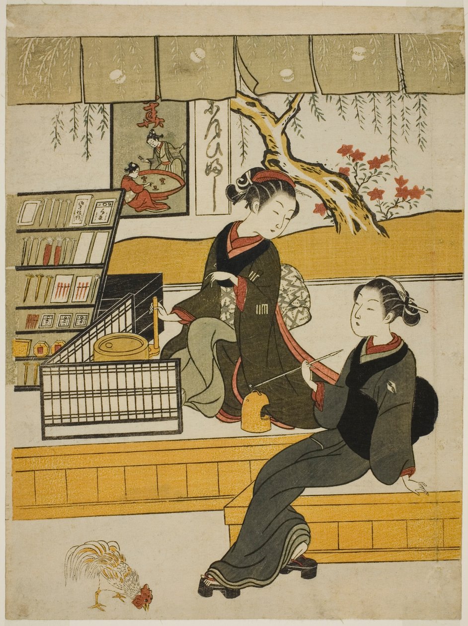 Ofuji, das Ladenmädchen von Motoyanagiya, mit einem Kunden von Suzuki Harunobu