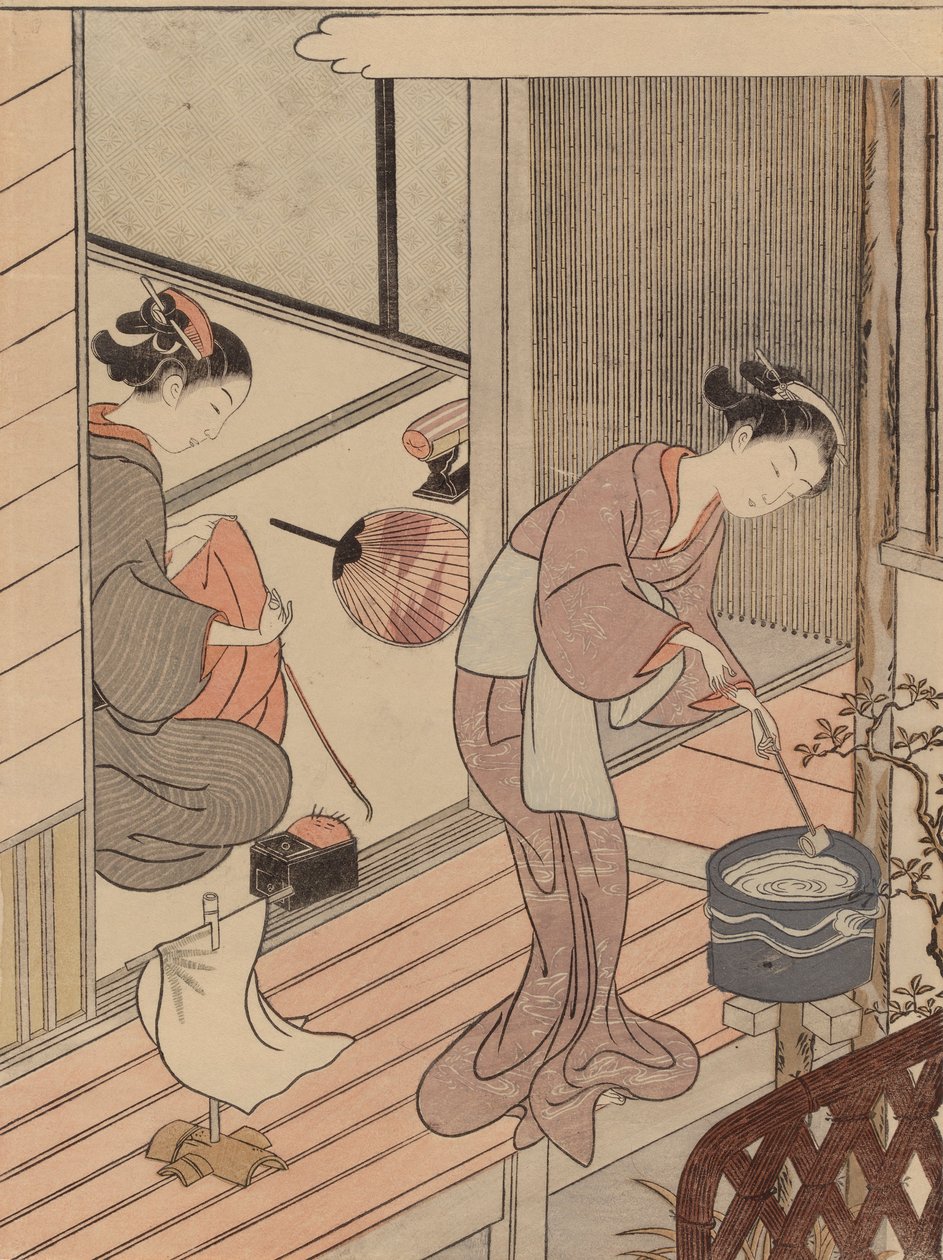 Die zurückkehrenden Segel des Handtuchhalters, aus der Serie Acht Salonansichten von Suzuki Harunobu