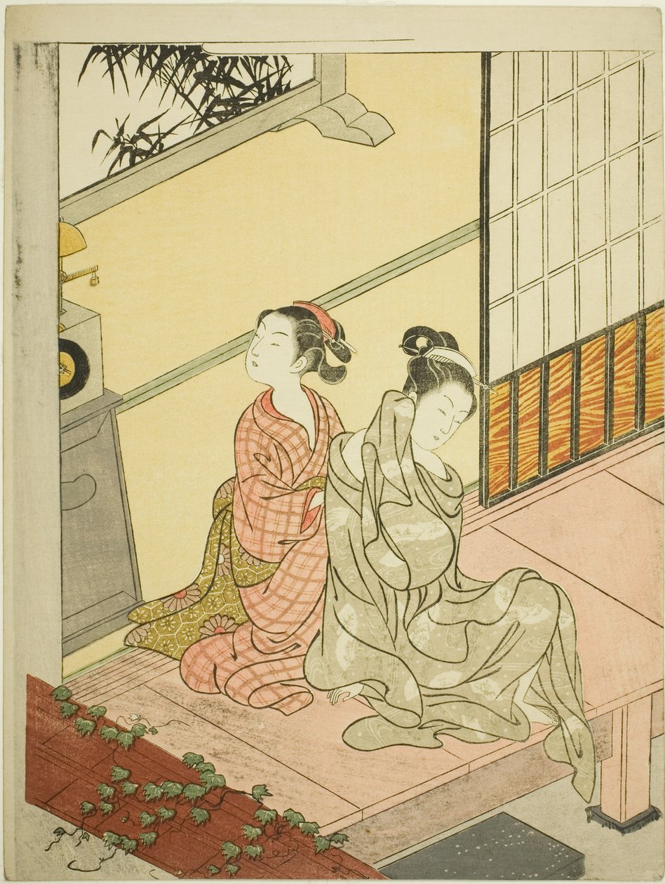 Die Abendglocke der Uhr (Tokei no bansho), aus der Serie "Acht Ansichten des Salons (Zashiki hakkei)" von Suzuki Harunobu