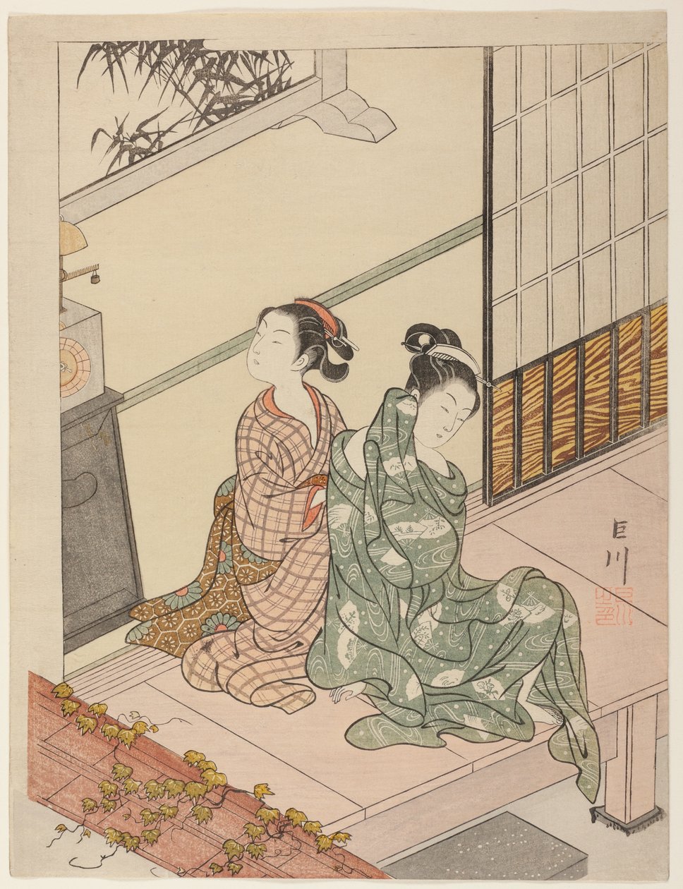 Die Abendglocke der Uhr (Tokei no bansho), aus der Serie "Acht Ansichten des Salons (Zashiki hakkei)" von Suzuki Harunobu