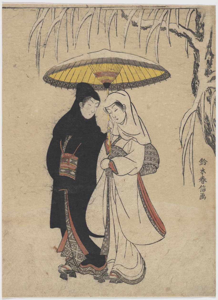 Junge Liebende spazieren zusammen unter einem Regenschirm im Schneesturm von Suzuki Harunobu