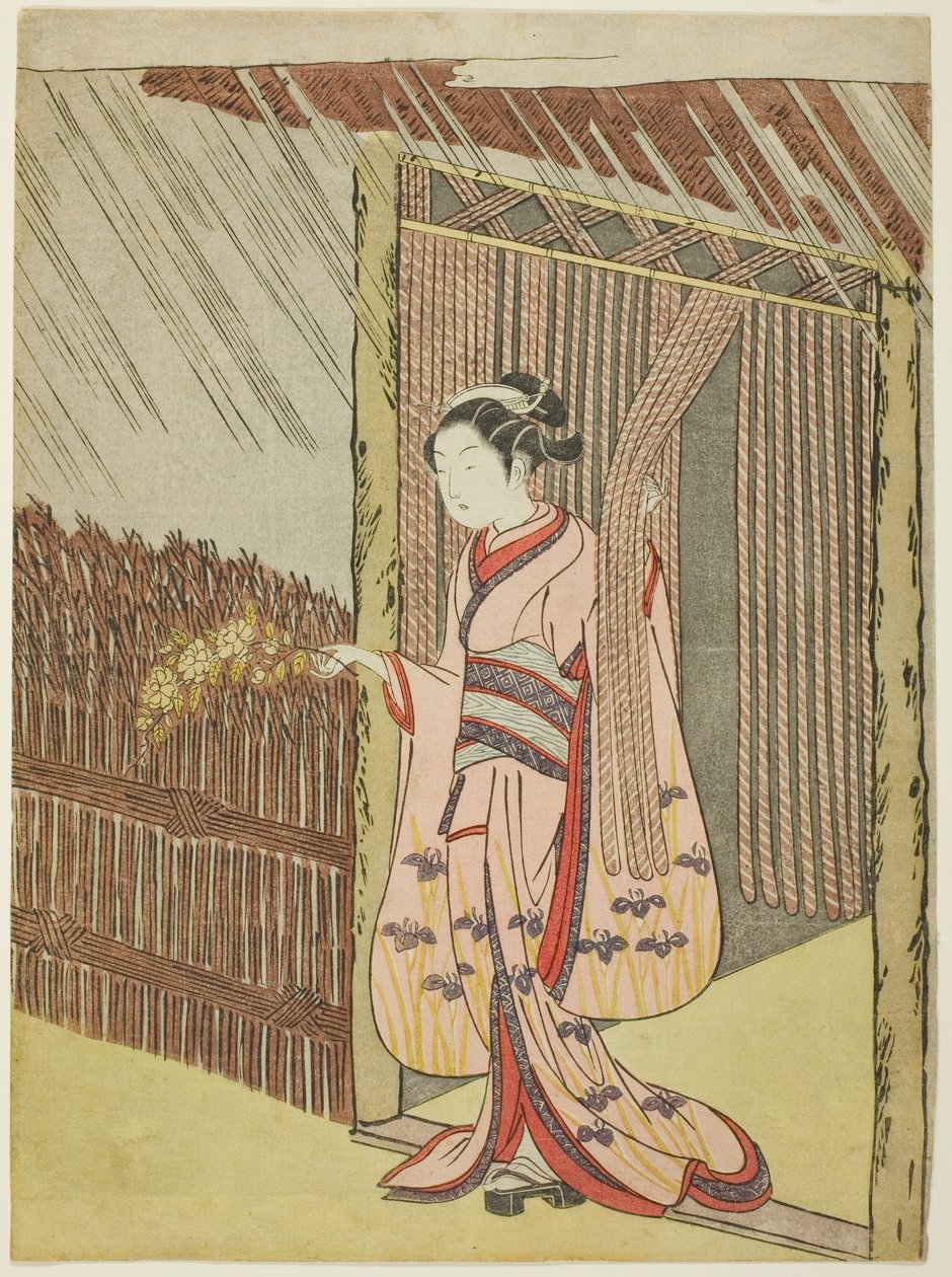 Frau hält einen Zweig von Kerria-Blumen im Regen (Parodie auf Ota Dokan) von Suzuki Harunobu