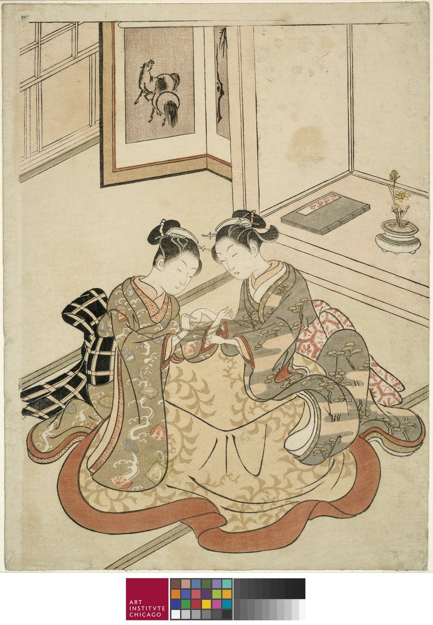 Junge Frauen spielen Fadenspiel, ca. 1767-68 von Suzuki Harunobu