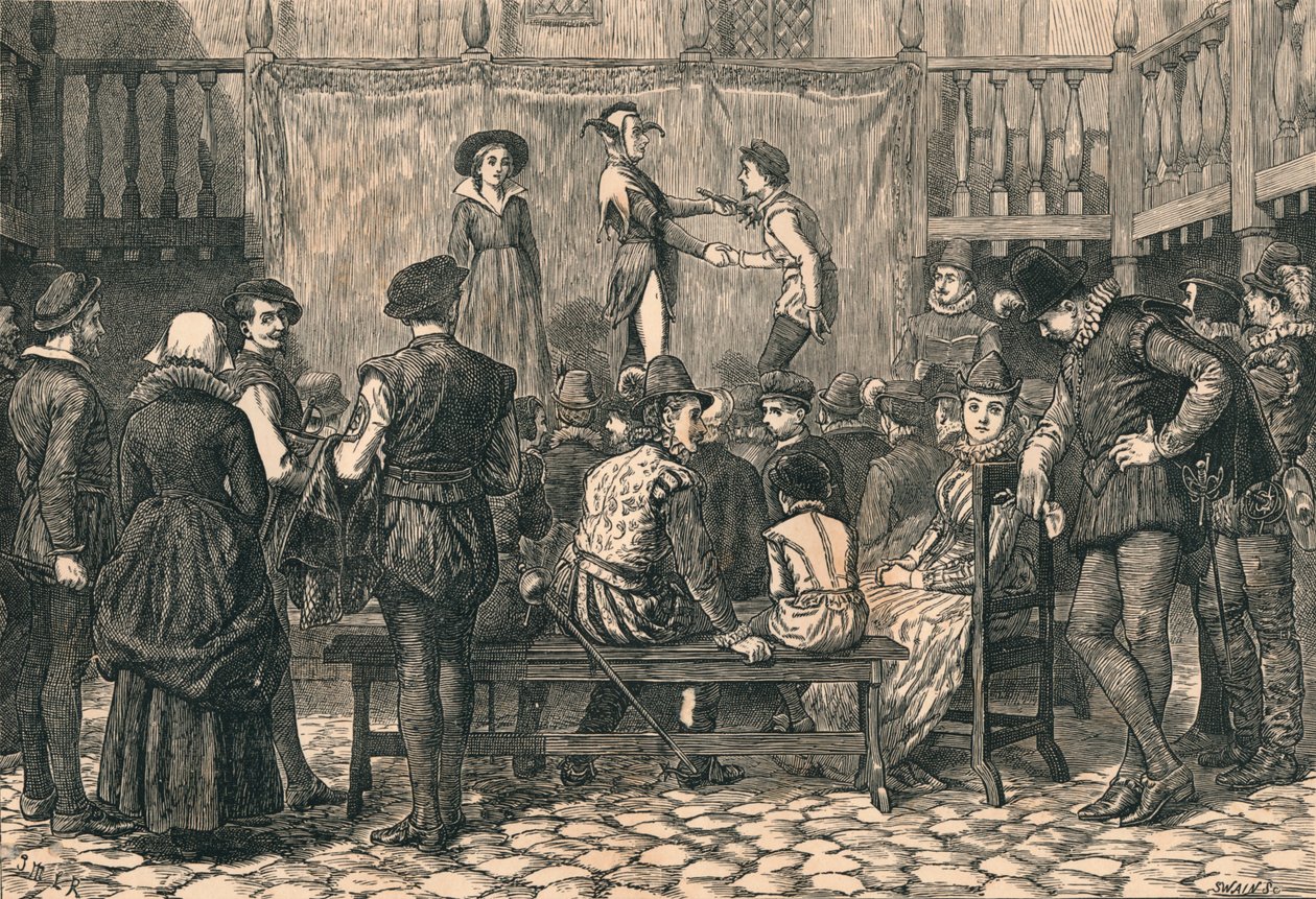 Ein Schauspiel in einem Londoner Gasthof, zur Zeit von Königin Elisabeth, um 1873 von Swain