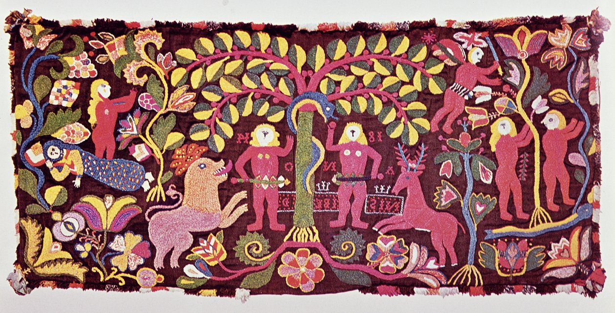Kutschensitzbezug, der den Sündenfall, die Erschaffung Evas und die Vertreibung aus dem Paradies darstellt, aus Akarp, Skane, Schweden, ca. 1814 von Swedish School
