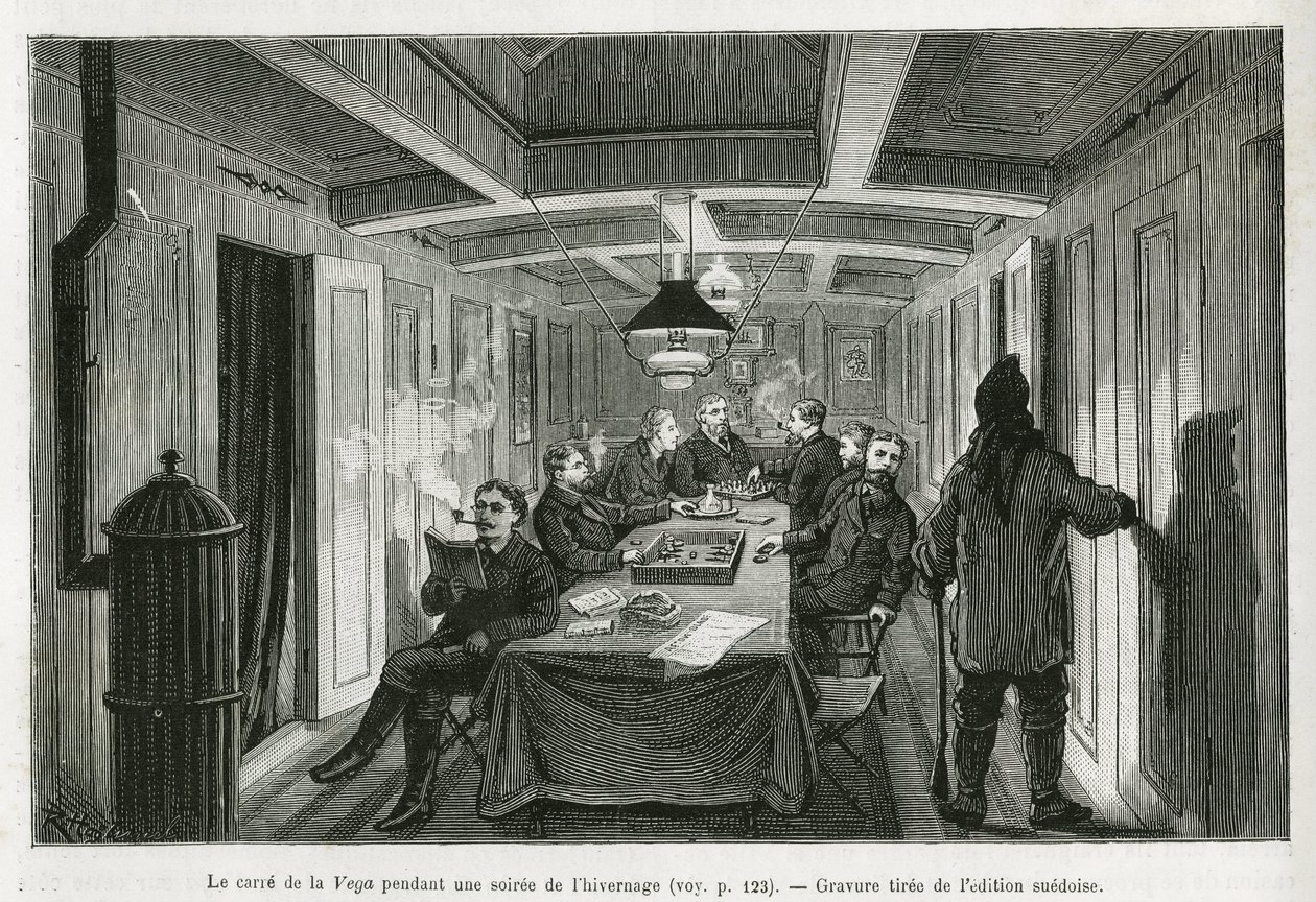 Der Platz von La Vega, während eines Winterabends, und die Aktivitäten der Besatzung: Lesen, Schach- und Backgammonspiele sowie Likörverkostung. Gravur aus der schwedischen Ausgabe, um die Geschichte "Reise der Vega um Asien und Europa" von Adolf Erik Nord von Swedish School